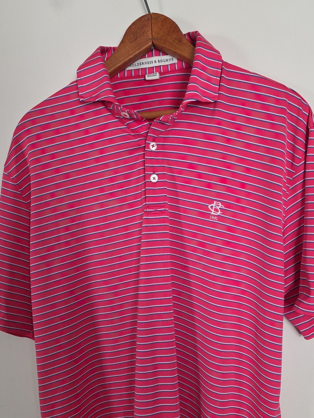 Holderness & Bourne Large Red White + Blue Striped Performance Polo